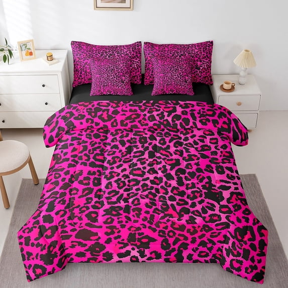 Manfei Leopard Print 7-Piece Bedding Comforter Set,Black Pink King Bedding Sets,Animal Print Ultra Soft Bed Sheets,Microfiber Abstract Bedroom Decoration,Reversible