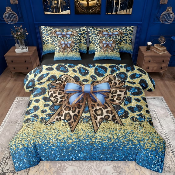 Manfei Leopard Print 7-Piece Bedding Comforter Set,Blue Gold Brown King Bedding Sets,Bowtie Bowknot Ribbon Bed Sheets For Girls Boys,Breathable Home Decor Reversible