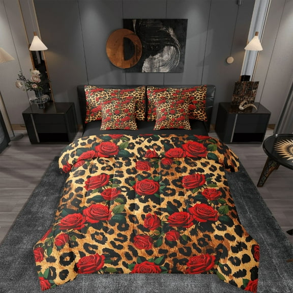 Manfei Leopard Print 7-Piece Bedding Comforter Set,Red Rose King Bedding Sets,Flower Animal Ultra Soft Bed Sheets,Ultra Soft Floral Room Decor,Reversible