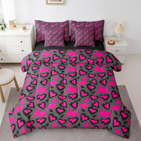 Manfei Leopard Print 7-Piece Twin Bedding Sets,Black Pink Bedding Comforter Set,Animal Print Breathable Sheet Sets,Microfiber Abstract Bedroom Decoration,Reversible