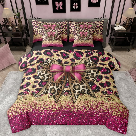 Manfei Leopard Print 7-Piece Twin Bedding Sets,Jungle Animal Bedding Comforter Set,Pink Cute Bowtie Bowknot Sheet Sets For Girls Boys,Breathable Home Decor Reversible