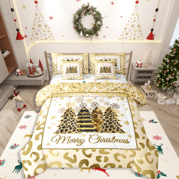 Manfei Leopard Print 7-Piece Twin Bedding Sets,Merry Christmas Bedding Comforter Set,Bling Glitter Breathable Sheet Sets,Microfiber Girls Bedroom Decor,Reversible