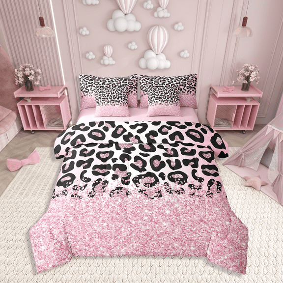 Manfei Leopard Print 7-Piece Twin Bedding Sets,Sequin Print Bedding Comforter Set,Black Teal Breathable Sheet Sets,Breathable Abstract Room Decor,Reversible