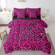 Manfei Leopard Print 7pcs Bedding Comforter Set,Black Pink Queen Bedding Sets Super Cozy,Animal Print Queen Sheet Sets,Microfiber Abstract Bedroom Decoration,Reversible