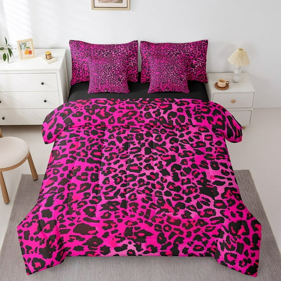 Manfei Leopard Print 7pcs Bedding Comforter Set,Black Pink Queen Bedding Sets Super Cozy,Animal Print Queen Sheet Sets,Microfiber Abstract Bedroom Decoration,Reversible