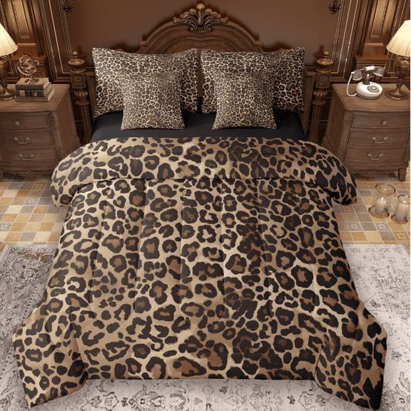 Manfei Leopard Print 7pcs Bedding Comforter Set,Wild Animal Queen Bedding Sets,Cheetah Pattern Queen Sheet Sets For Girl Kids,Breathable Home Decor Reversible