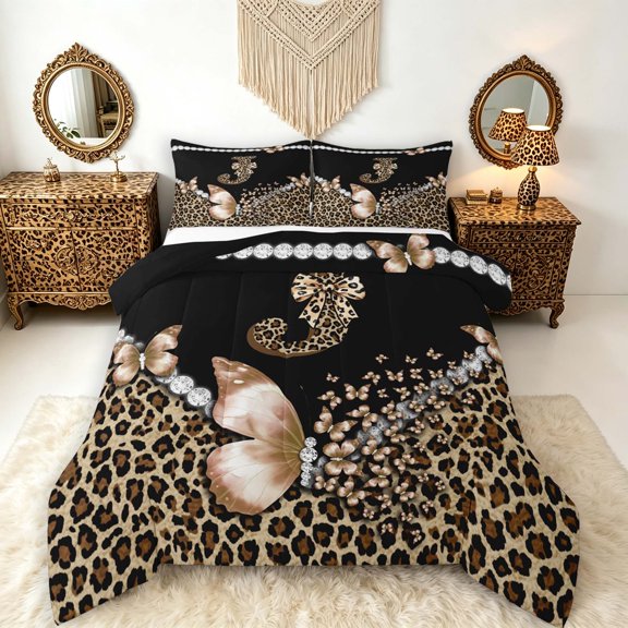 Manfei Leopard Print Alphabet J King Size Comforter Sets,Dreamy Butterfly Comforters King Size,Black Brown,Black Reversible,3-Piece,1 Comforter and 2 Pillowcases