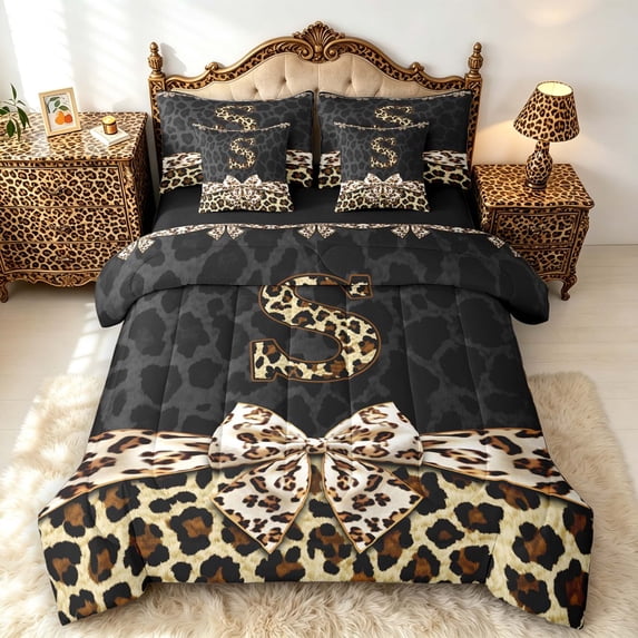 Manfei Leopard Print Alphabet S 7 Pieces Full Size Bedding Sets,Cheetah Bowknot Full Size Bed in a Bag,Black Brown,Black Reversible