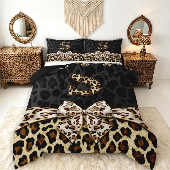 Manfei Leopard Print Alphabet S Queen Comforter Set,Cheetah Bowknot Comforter Sets Queen,Black Brown,Black Reversible,3 Pieces,1 Comforter and 2 Pillowcases
