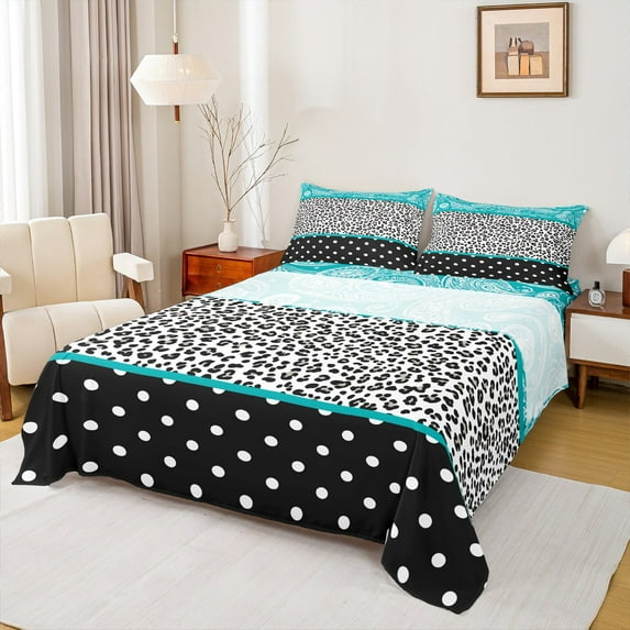 Manfei Leopard Print Bed Sheets Set Queen Size,Blue Paisley Pattern Bedding Sets Queen Size,Cheetah Dots Bed Sheets Queen,Super Cozy Room Decorative,4-Piece