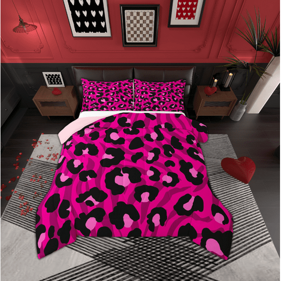 Manfei Leopard Print Bedding Comforter Set,Zebra Pattern Twin Comforter Sets,Pink Black Bedding Set For Teens,Super Cozy Room Decor Reversible,2 Pieces
