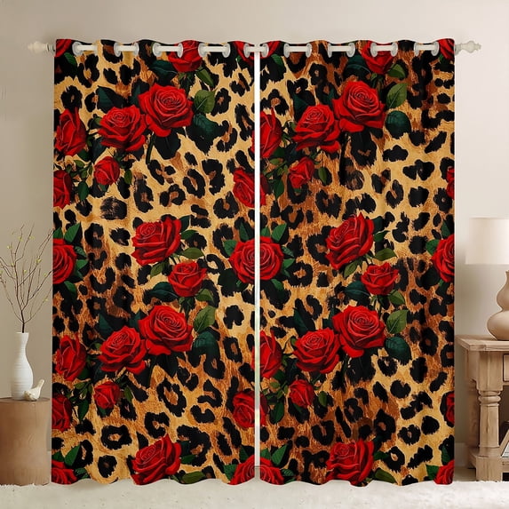 Manfei Leopard Print Black Out Curtains,Red Rose Curtains Pack of 2 (42x63 Each),Flower Animal Bedroom Curtains,Floral Room Decor
