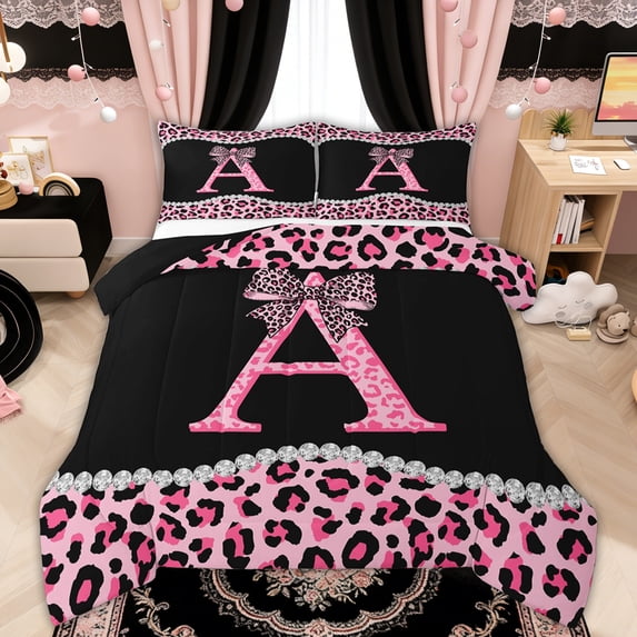 Manfei Leopard Print Bow Letter A Queen Comforter Set for Girls, Black Pink Initial Bedding Comforter Set, Black Reversible, 3pcs