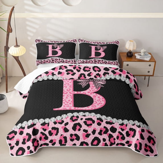 Manfei Leopard Print Bow Letter B Twin Quilt Set for Girls, Black Pink Initial Twin Coverlet Set