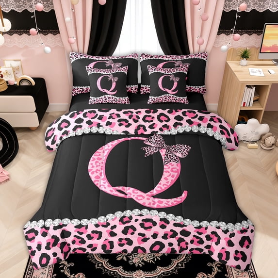 Manfei Leopard Print Bow Letter Q Print Twin Bedding Sets for Girls, Black Pink Initial Bows Bedding Comforter Set, Black Reversible, 7-Piece