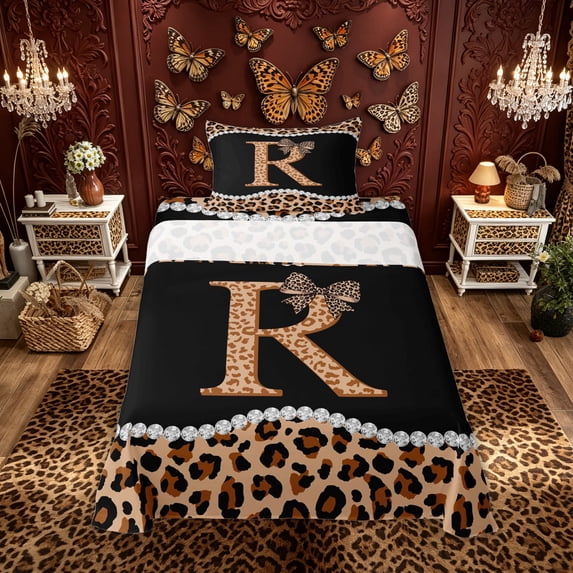Manfei Leopard Print Bow Letter R Print Twin Sheet Sets for Girls, Black Brown Initial Bows Bedding, 3pcs