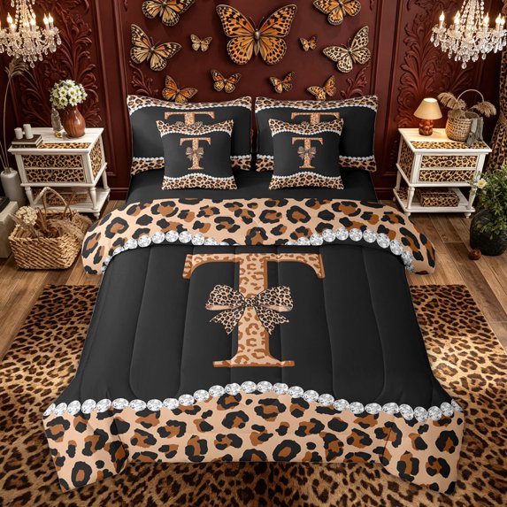 Manfei Leopard Print Bow Letter T Bedding Comforter Set for Girls, Black Brown Initial Queen Bedding Sets, Black Reversible, 7 Pieces