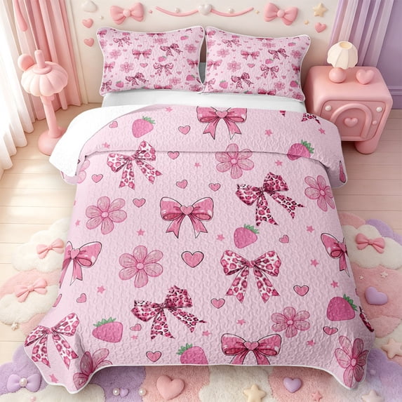 Manfei Leopard Print Bowknot Bed Spread Queen,Strawberry Cheetah Queen Coverlet Set,3-Piece,1 Quilt and 2 Pillowcases