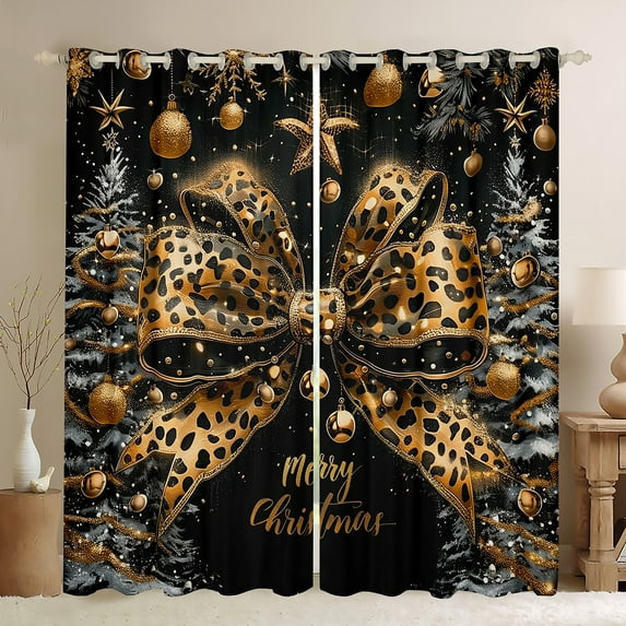 Manfei Leopard Print Bowknot Black Out Curtains, Black Gold Christmas Curtains Pack of 2 (42x63 Each), Vintage Fashion Bedroom Curtains, Curtains Blackout Room Decor