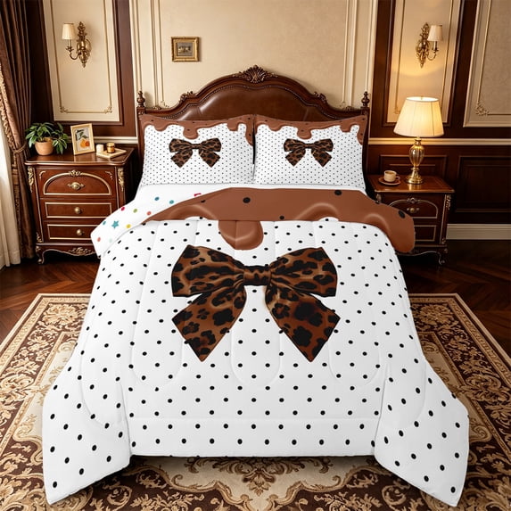 Manfei Leopard Print Bowknot Full Size Comforter Sets,Cute Polkadot Bedding Comforter Set,Polkadot Reversible,3-Piece,1 Comforter and 2 Pillowcases