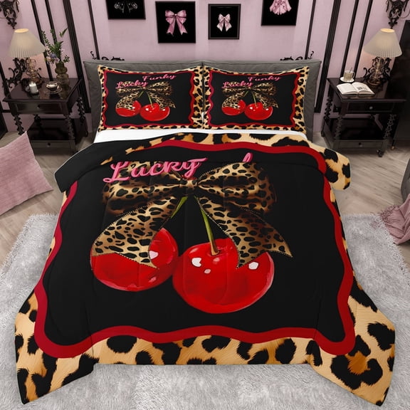 Manfei Leopard Print Bowknot Queen Comforter Set for Teens, Kawaii Cartoon Cherry Bedding Sets, Lucky Funky Reversible Bedding Comforter Set, Super Cozy Room Decor, 3 Pieces