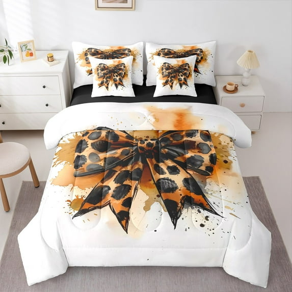 Manfei Leopard Print Bowtie 7-Piece Twin Bedding Sets,Brown Splatter Ink Bedding Comforter Set,Cute Bow Bowknot Sheet Sets For Children,Microfiber Bedroom Decor Reversible