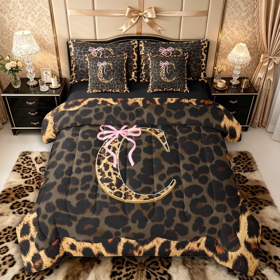 Manfei Leopard Print C Personalized Initial Twin Bedding Sets 7-Piece for Teens Female,Girls Vintage Bowtie Cheetah Print Bedding Comforter Set,Black Reversible,Lightweight Room Decor