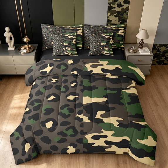 Manfei Leopard Print Camo Queen Bedding, Minimalst Animal Print Bedding Comforter Set Queen, Brown Green, Black Reversible, 7pcs