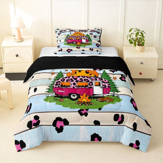 Manfei Leopard Print Camper Twin Comforter Sets,Country Farmhouse Lodge Bedding Set,Pink,Black Reversible,2 Pieces,1 Comforter and 1 Pillowcase