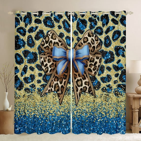Manfei Leopard Print Curtains Pack of 2 (42x84 Each),Blue Gold Brown Curtains Blackout,Bowtie Bowknot Ribbon Bedroom Curtains For Girls Boys,Breathable Home Decor
