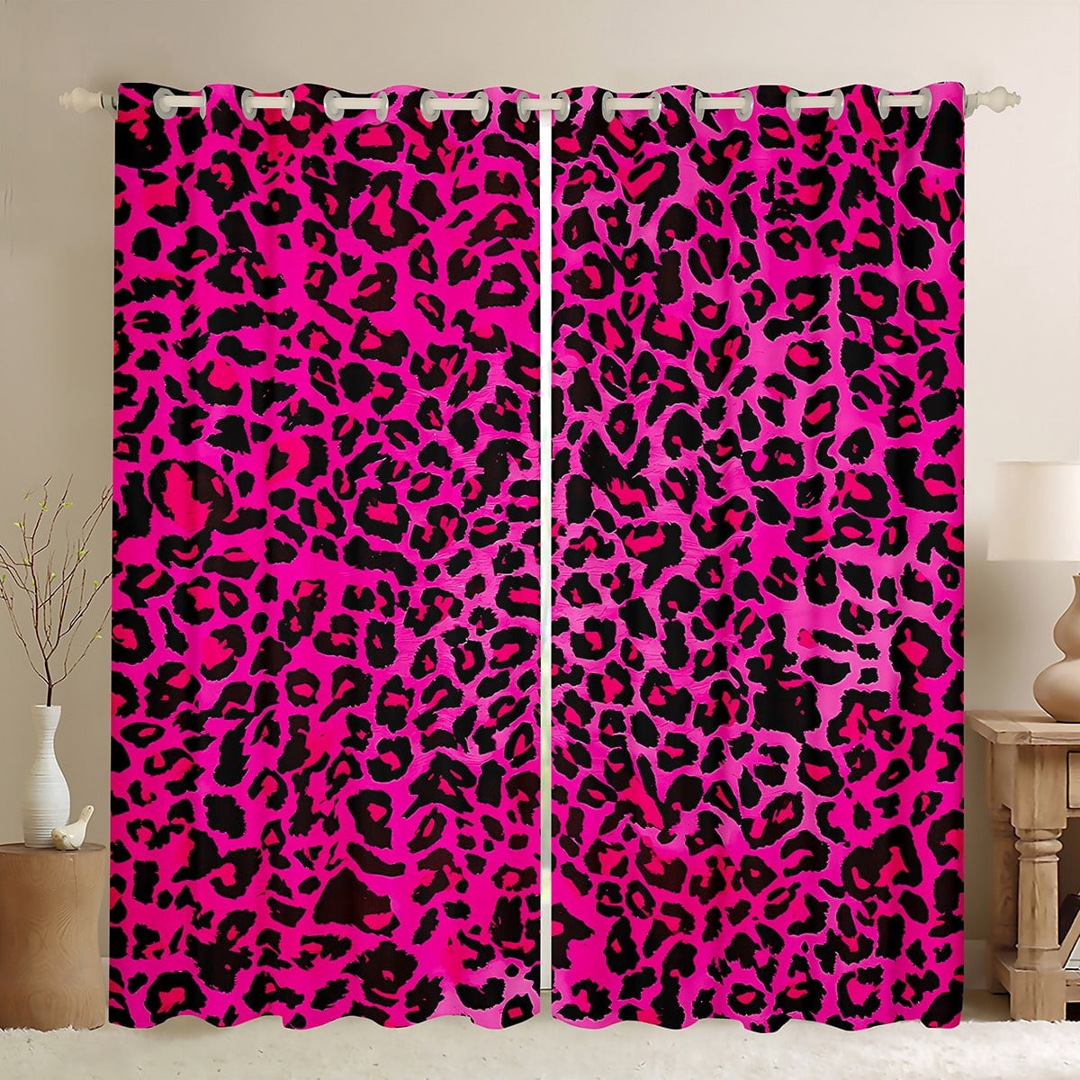Manfei Leopard Print Curtains Pack of 2 (42x84 Each),Black Pink Curtains Blackout,Animal Print Bedroom Curtains,Abstract Bedroom Decoration