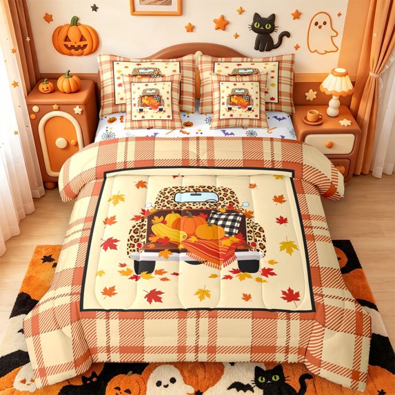 Manfei Leopard Print Farm Car 7-Piece Twin Bedding,Autumn Maples Leaf Bedding Comforter Set,Halloween Reversible