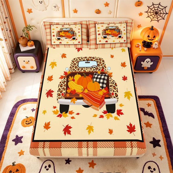 Manfei Leopard Print Farm Car Fitted Sheet Full,Autumn Maples Leaf Bed Set,3pcs,1 Fitted Sheet and 2 Pillowcases