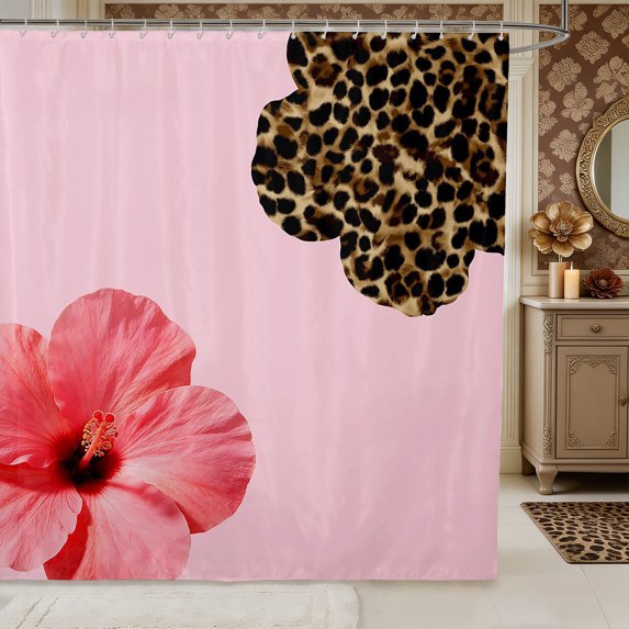 Manfei Leopard Print Flowers Shower Curtain 72Wx78L,Watercolor Hibiscus Bath Curtain