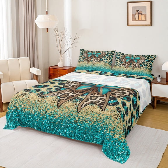 Manfei Leopard Print Full Size Sheets,Jungle Animal Hide Bed Sheets,Blue Cute Bowtie Sheet Sets For Girls Boys,Breathable Home Decor,4pcs