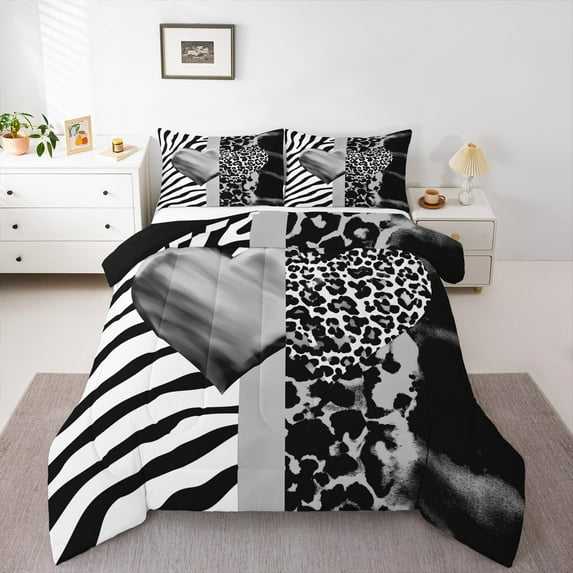 Manfei Leopard Print Hearts Full Size Comforter Sets,Zebra Geometric Stripes Bedding Comforter Set,Gray White Black Bedding Sets For Boys Kids,Breathable Home Decor Reversible,3pcs