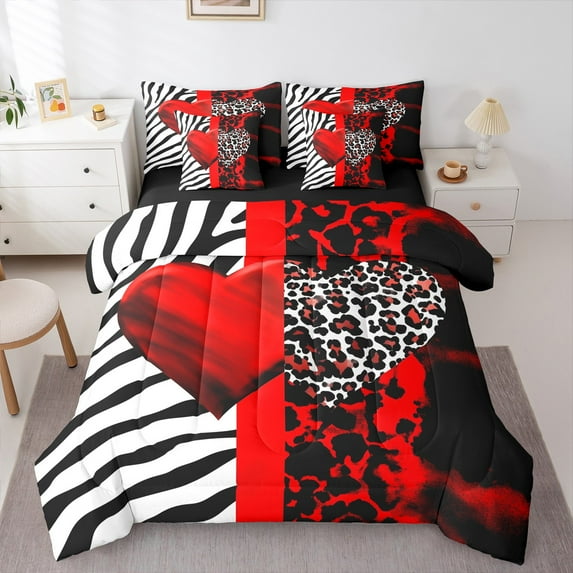 Manfei Leopard Print Hearts Twin Bedding Sets 7-Piece,Zebra Geometric Stripes Bedding Comforter Set,Red Black White Sheet Sets For Boys Kids,Breathable Home Decor,Reversible