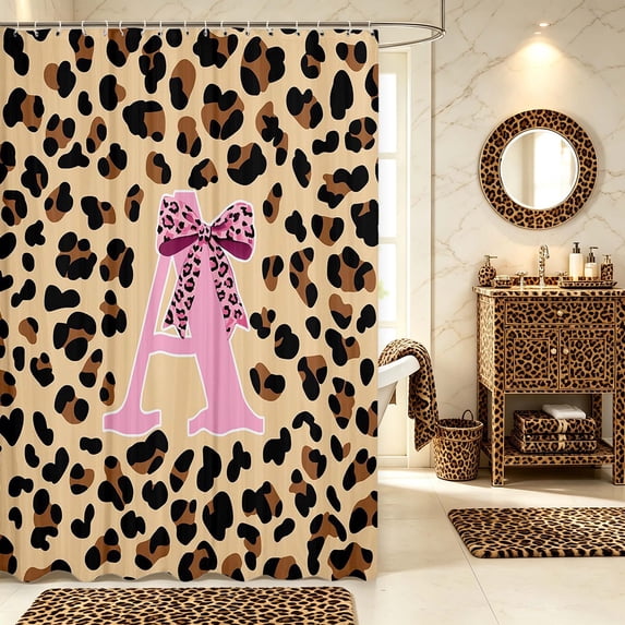 Manfei Leopard Print Initial A Shower Curtain 72Wx72L,Dreamy Bow Bathroom Curtain,Peach