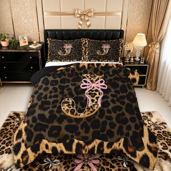 Manfei Leopard Print J Personalized Initial Queen Comforter Set 3pcs for Teens Female,Girls Vintage Bowtie Cheetah Print Bedding Comforter Set,Black Reversible,Microfiber Bedroom Decor