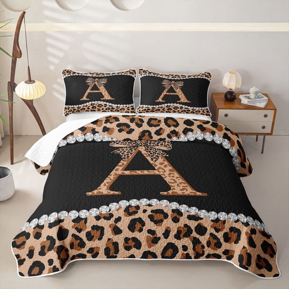 Manfei Leopard Print Letter A Bow Twin Quilt Set, Fashion Diamond Twin Coverlet Set for Girls Women