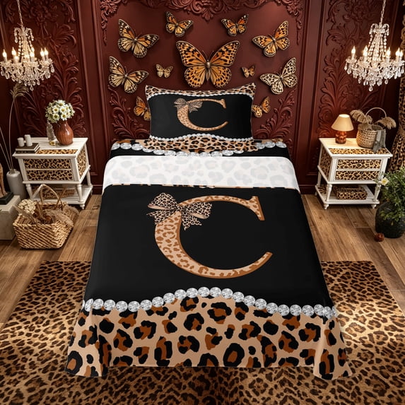 Manfei Leopard Print Letter C Bow Twin Sheet Sets, Fashion Diamond Bedding for Girls Women, 3pcs