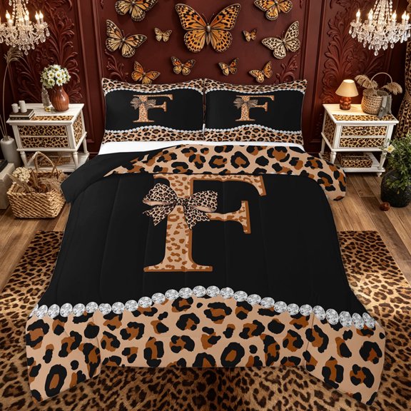 Manfei Leopard Print Letter F Bow Queen Comforter Set, Fashion Diamond Bedding Comforter Set for Girls Women, Black Reversible, 3pcs