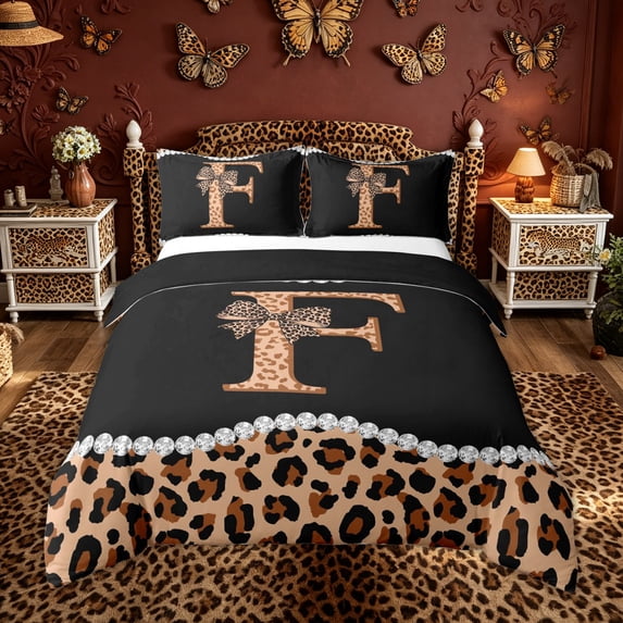 Manfei Leopard Print Letter F Bow Queen Duvet Cover Set, Fashion Diamond Bedding for Girls Women, Black Reversible, 1 Duvet Cover and 2 Pillowcases (No Comforter)