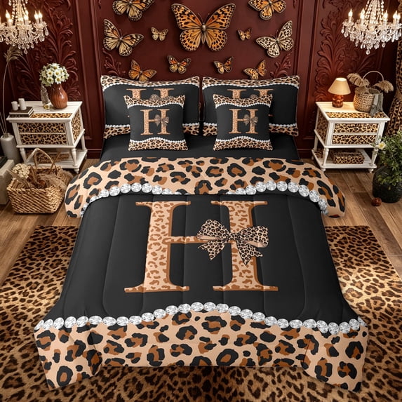 Manfei Leopard Print Letter H Bow Twin Bedding Sets, Fashion Diamond Bedding Comforter Set for Girls Women, Black Reversible, 7 Pieces