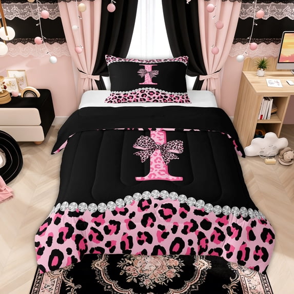 Manfei Leopard Print Letter I Bow Twin Comforter Sets, Rhinestone Bedding Set for Girls Women, Black Reversible, 2 Pieces