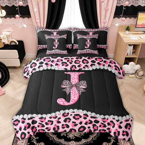 Manfei Leopard Print Letter J Bow Bedding Comforter Set, Rhinestone Queen Bedding Sets for Girls Women, Black Reversible, 7pcs