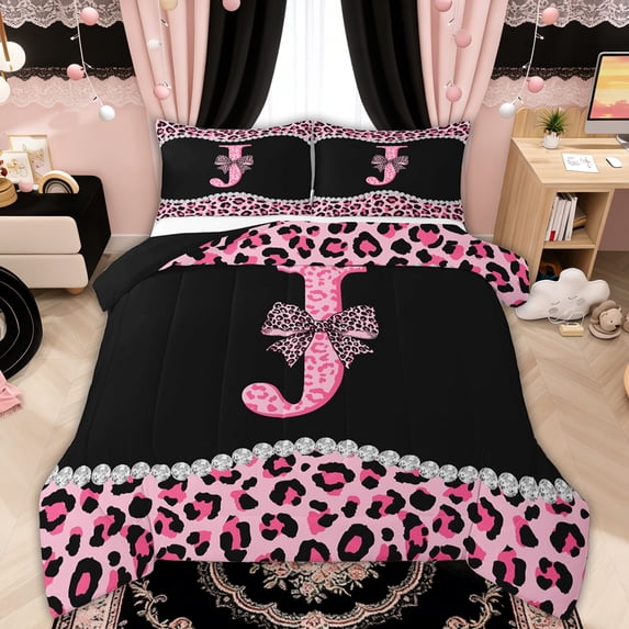 Manfei Leopard Print Letter J Bow Queen Comforter Set, Rhinestone Bedding Comforter Set for Girls Women, Black Reversible, 3pcs