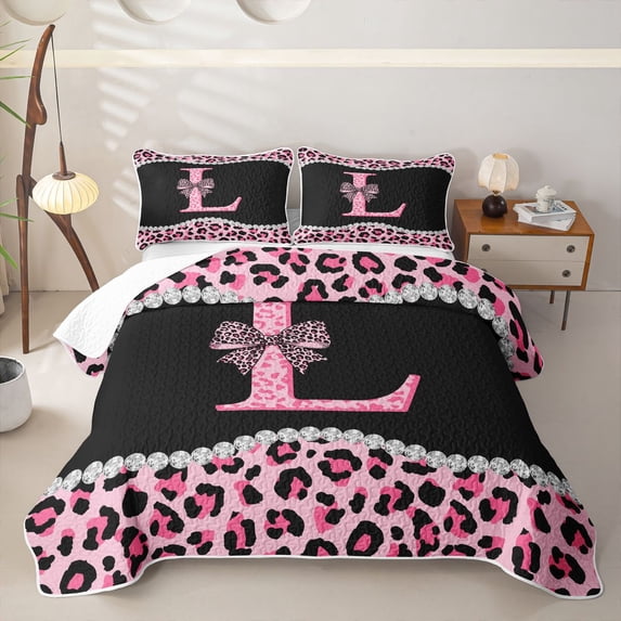 Manfei Leopard Print Letter L Bow Twin Quilt Set, Rhinestone Twin Coverlet Set for Girls Women