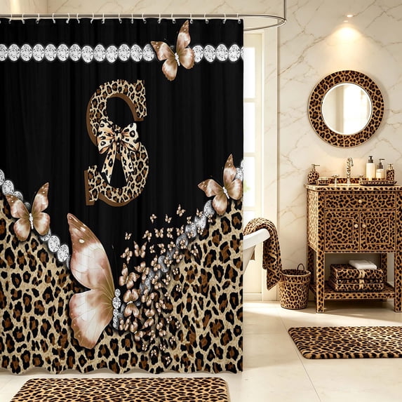 Manfei Leopard Print Letter S Shower Curtain 72Wx84L,Butterfly Bowtie Bathroom Shower Curtain,Black Brown