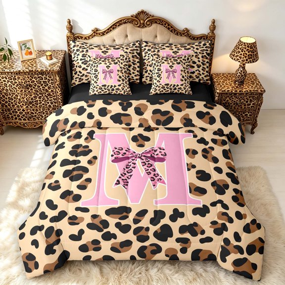 Manfei Leopard Print Monogram M 7-Piece King Bedding,Cute Bow King Bed in a Bag,Peach,Black Reversible